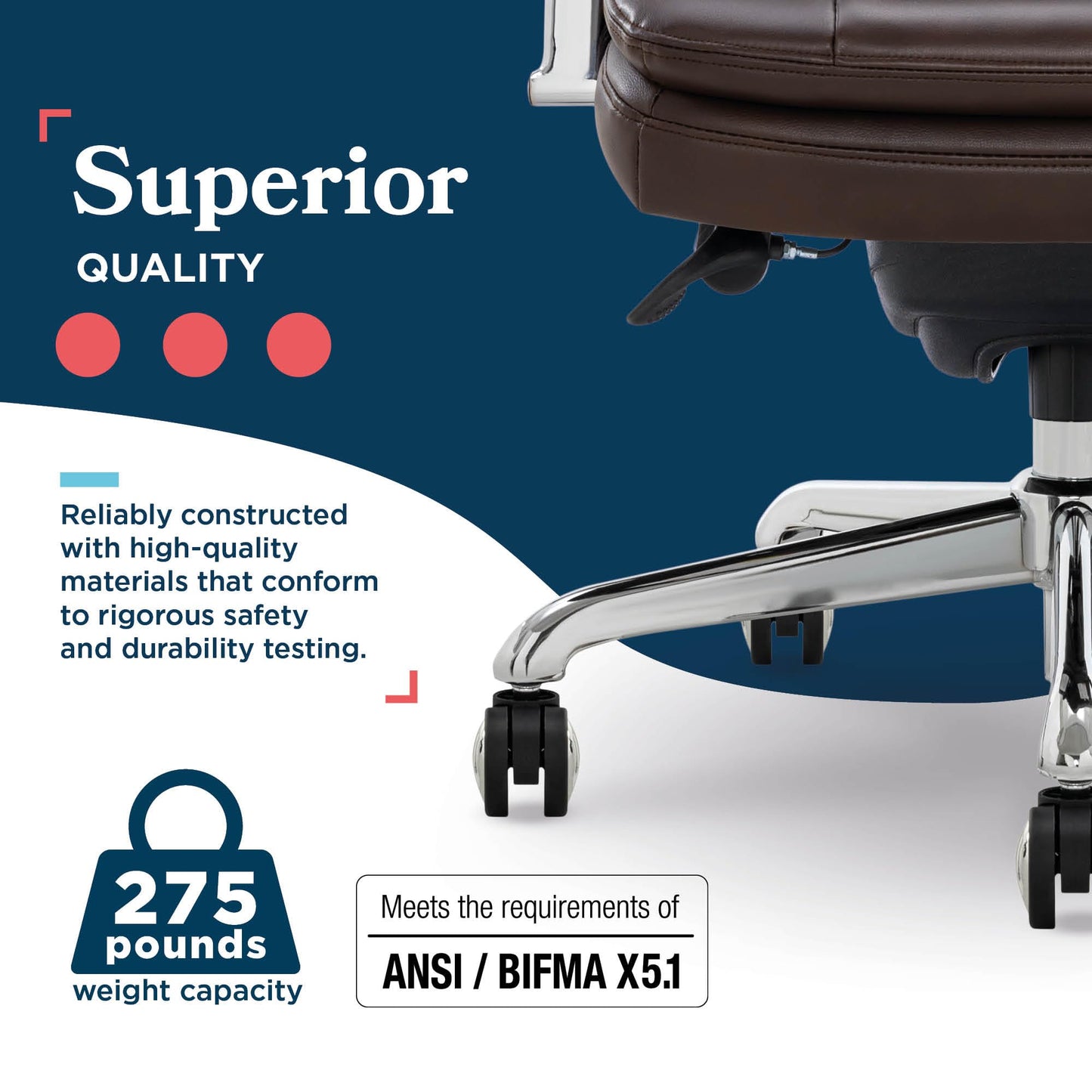 La-Z-Boy Sonata Executive Mid-Back Office Chair, Button-Tufted Seat and Back, Double-Layer Cushion, Padded Armrests, Ergonomic Computer DeskChair, Swivel Metal Base, Bonded Leather, Dark Brown/Chrome