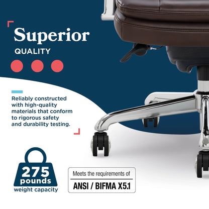La-Z-Boy Sonata Executive Mid-Back Office Chair, Button-Tufted Seat and Back, Double-Layer Cushion, Padded Armrests, Ergonomic Computer DeskChair, Swivel Metal Base, Bonded Leather, Dark Brown/Chrome
