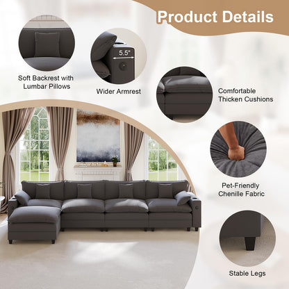KCGKCG 152" Modular Sectional Sofa, L Shaped Cloud Couch with Movable Ottoman, Chenille Deep Seat Cloud Sofa with Charging Station, Cup Holder, Side Pocket, Sectional Couches for Living Room, Grey