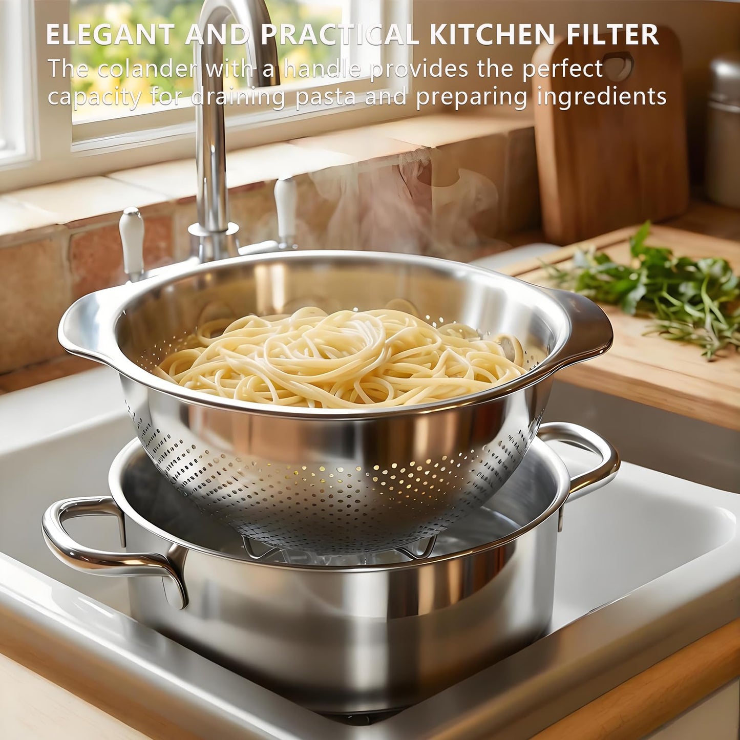 QBGSFSYG 18/8 Stainless Steel Colander for Kitchen - Fine Mesh Strainer with Handle - Rice Strainer Fine Mesh for Vegetables, Fruits, Eggs, Noodles and Pasta, Collander, Dishwasher Safe (4QT)
