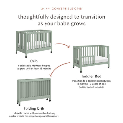 Babyletto Maki Full-Size 2-in-1 Portable Folding Crib with Toddler Bed Conversion Kit in Light Sage, Greenguard Gold Certified