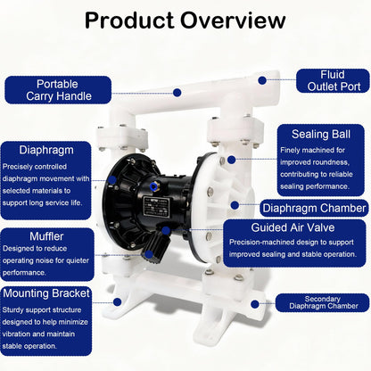 Air Operated Double Diaphragm Pump, 35 GPM and Max 100 PSI Oil Transfer Tump Polypropylene Body, 1.5" Inlet/Outlet 164 ft Lift 23 ft Suction for Diesel Grease Oil Transfer