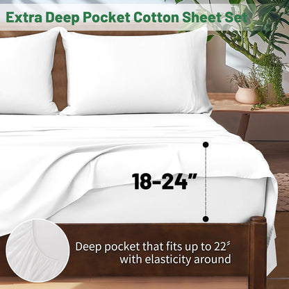 Overket Extra Deep Pocket King Sheets 18-24 Inch 100% Egyptian Cotton 1000 Thread Count Sateen Weave Soft Breathable 4 Pieces（King，White）