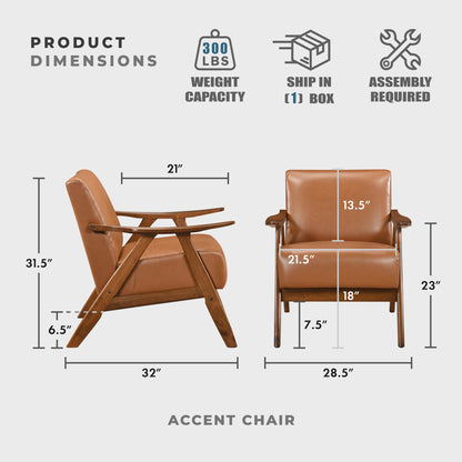 Lexicon Mid Century Modern Accent Chair with Solid Wood Frame in Walnut Finish, Faux Leather Living Room Lounge Arm Chair, Thick and Comfy Innerspring Seat Cushion, Brown