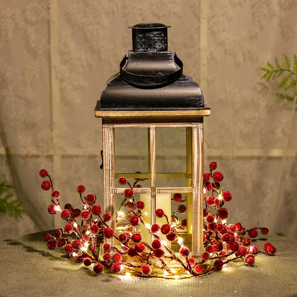 Vanthylit 6FT Red Berry Garland Lights, Battery Operated Christmas Garland with Timer for Holiday Decorations