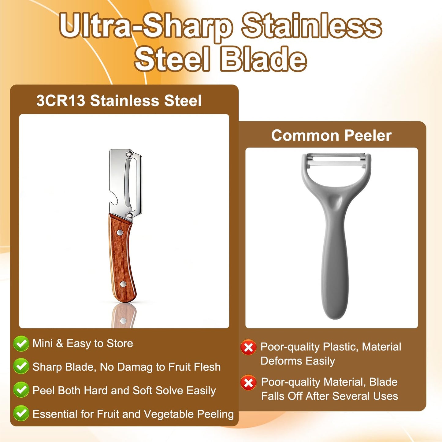 Multi-Functional Vegetable Peeler for Kitchen, 2 in 1 Stainless Steel Vegetable Peeler with Wooden Handle and Bottle Opener,Kitchen Tool for Fruit Apple Potato Carrot Pumpkin Papaya (2pcs)