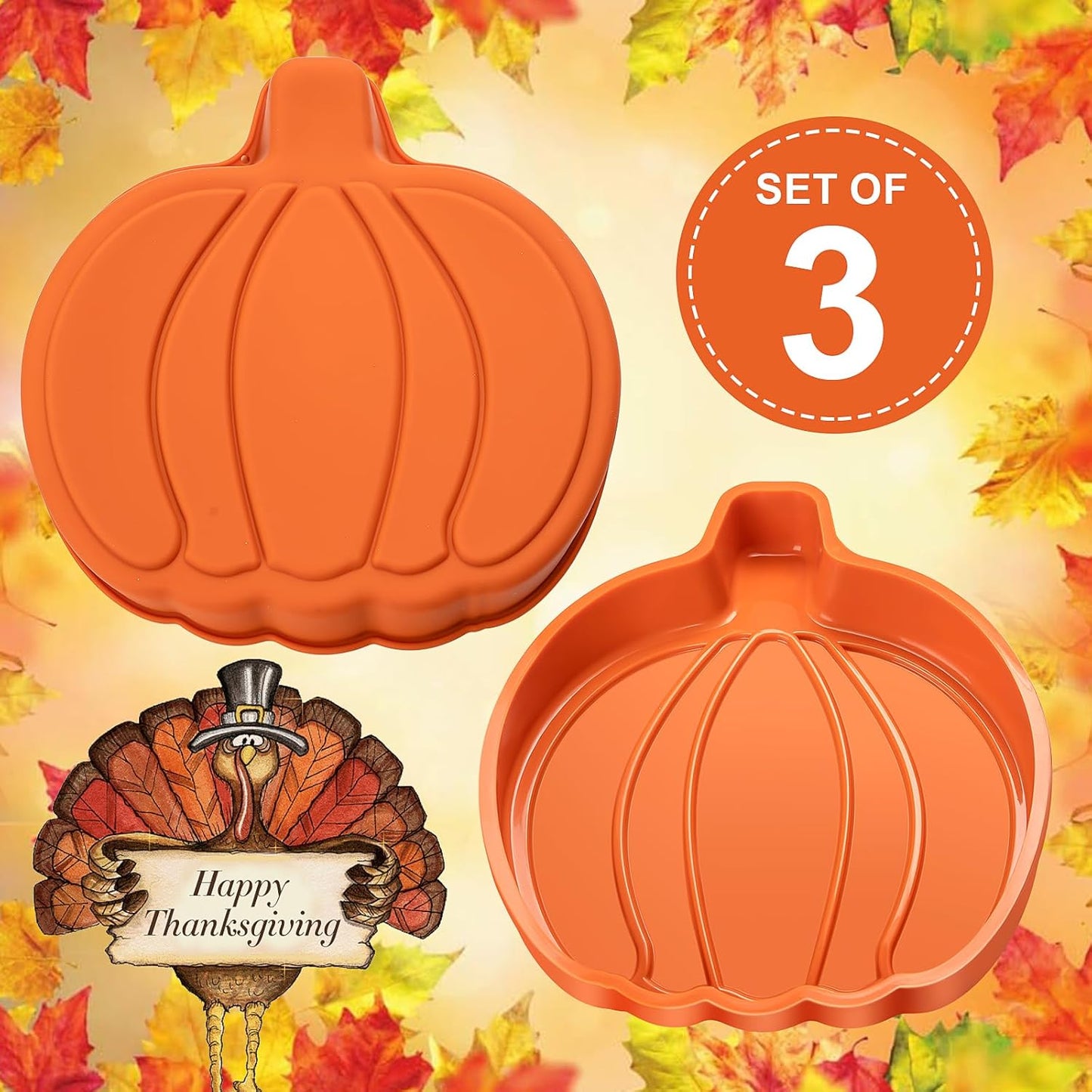 Pumpkin Cake Pan 3 Pack - 7 Inch Silicone Pumpkin Pancake Molds for Fall Baking, Halloween, Thanksgiving