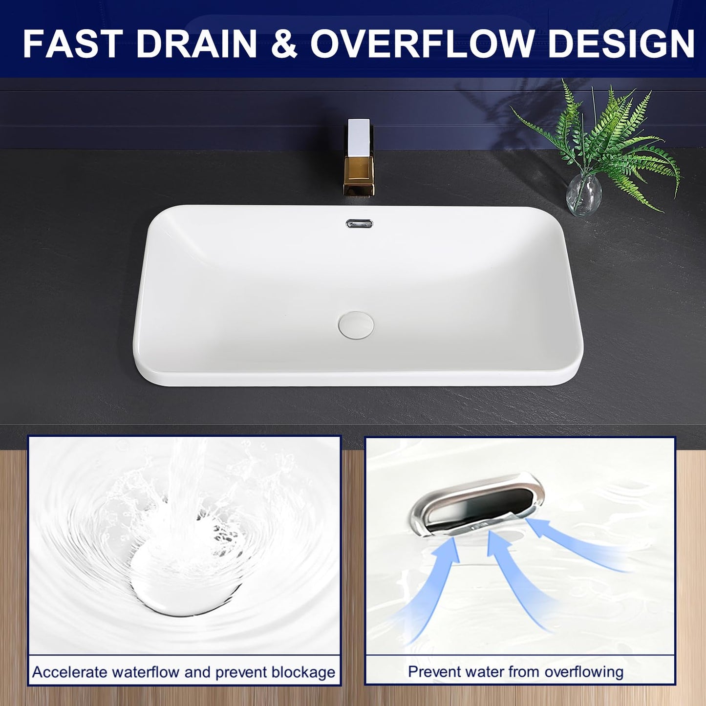 KMOEM Vessel Sink 32"x17" Semi Recessed Bathroom Sink Drop-in Bathroom Sink Support Dual Faucet Installation White Porcelain Ceramic Modern Rectangular Vanity Sinks with Overflow