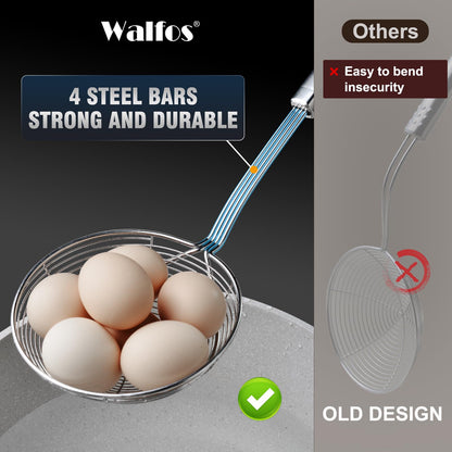 Walfos Spider Strainer, Set of 2-5.5 Inch Stainless Steel Fryer Scoop & 4 inch Fat Skimmer Spoon, Kitchen Spider Skimmer Strainer With Handle, For Cooking Deep Fryer, Pasta, Egg,Fat