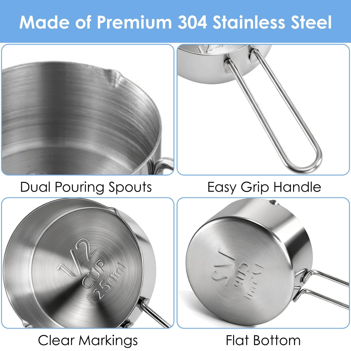 YOUEON 6 Pcs 1/2 Cup (125ml) Stainless Steel Measuring Scoops, Metal Measuring Cups with Handle for Dog Food, Coffee, Baking, Cooking, Dishwasher Safe