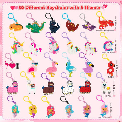 Gloween 30 Pack Valentines Day Cards for Kids, Cute Dinosaur Flamingo Mermaid Llama Unicorn Keychains, Great Classroom/Class Exchange Prizes Valentine Party Favors Gifts for Boys Girls
