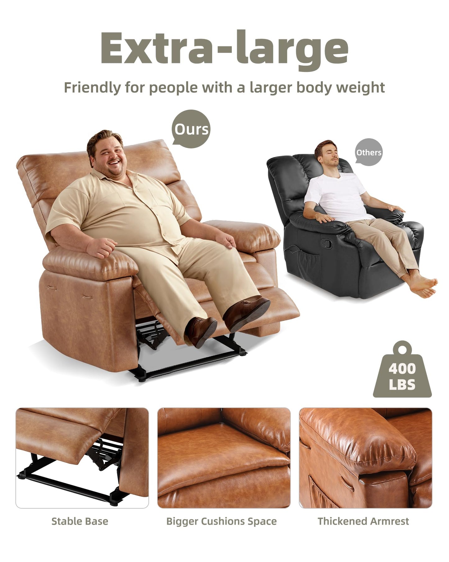 GarveeHome Recliner Chair - PU Leather Manual Recliner for Adults, Lazy Chair with 1.5X Sponge Comfort Arm and Back for Living Room, Bedroom