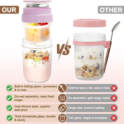 16oz 4 Pack Overnight Oats Jars, Yogurt Containers with Lids and Folding Spoons, Leak-Proof Wide Mouth Mason Jars
