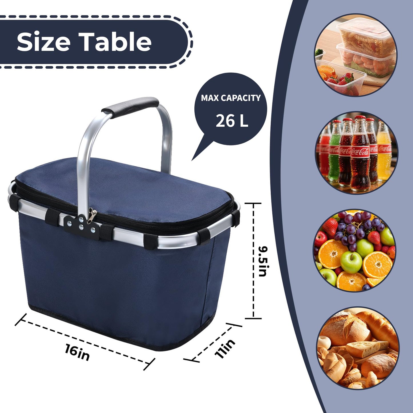 Pomodee Picnic Basket with Handle,30L Large Foldable Insulated Cooler Picnic Basket,Grocery Shopping Basket for Travel Camping Market Bag,Navy Blue