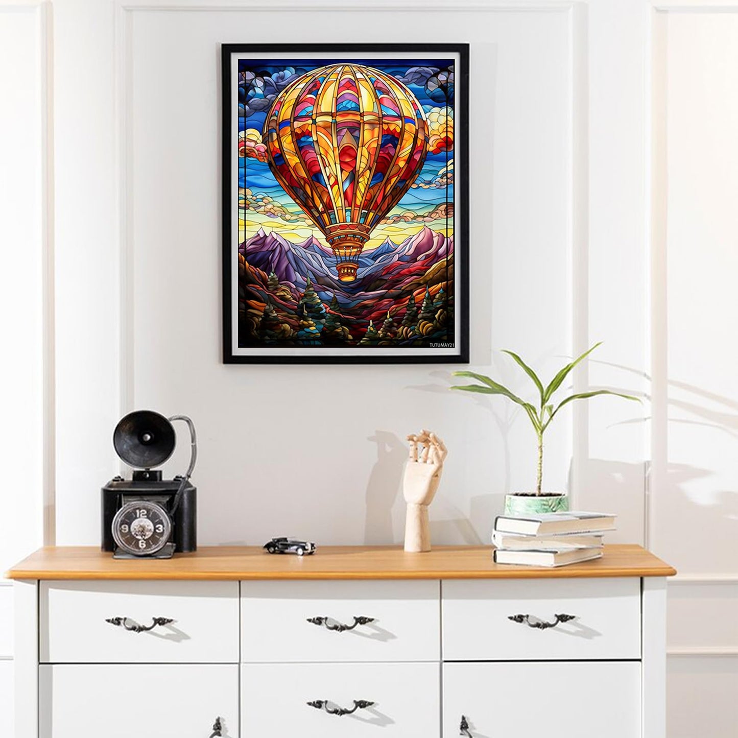 TUTUMAY21 5D Diamond Art Paint Stained Glass Hot Air Balloon Full Drill Diamond Art Painting by Number Kits for Adults Round Beads Mosaic Cross Stitch for Wall Decoration 12x16inch