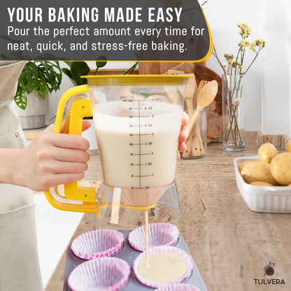 Pancake Batter Dispenser | 5-Cup Mix Pourer for Pancakes, Waffles, Crepes, Muffins, Cupcakes | Squeeze Handle, Portion Control Pitcher, Durable Drip-Free Design | Baking Accessories (Classic Yellow)
