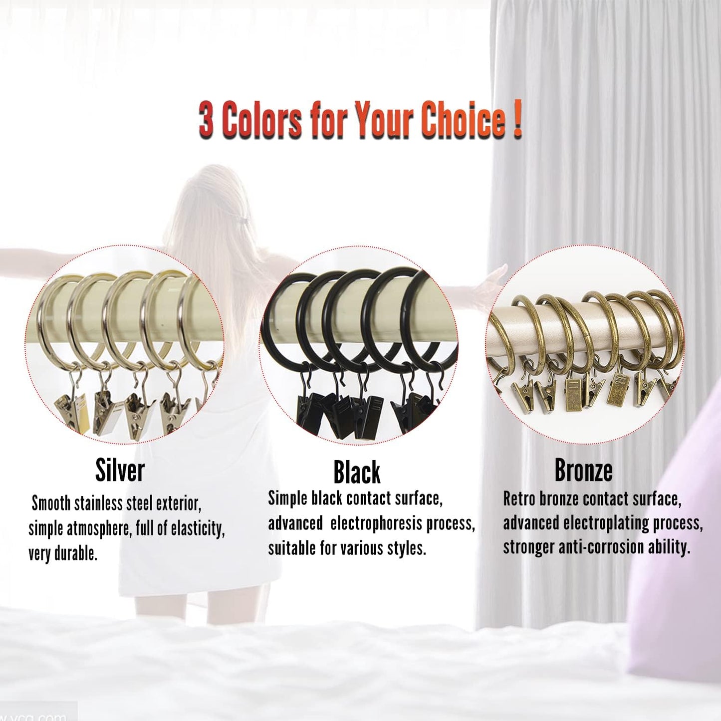 MroMax 24Pcs Silver Curtain Clip Rings with Hooks for Window Curtain Rods, 1.5" Inner Diameter
