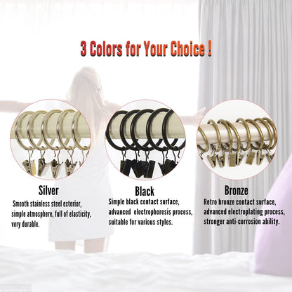 MroMax 24Pcs Silver Curtain Clip Rings with Hooks for Window Curtain Rods, 1.5" Inner Diameter