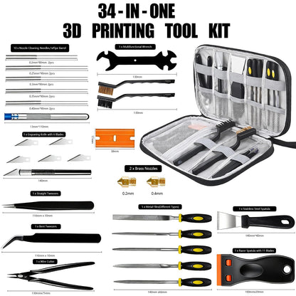 43Pcs 3D Printer Tools Kit, Complete 3D Printing Accessories & Maintenance Set for All FDM and SLA Printers | Includes Nozzle Cleaning Kit, Scrapers, Brushes, Wire Cutters, Engraving Knife, Files