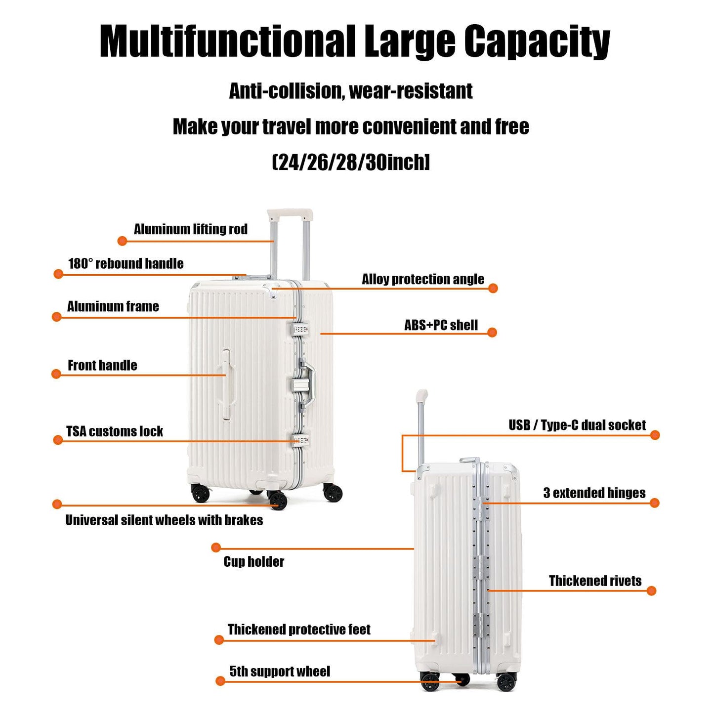 BEITH Hardside Luggage with USB, Type-C, Cup Holder, BS2298 Large Aluminum Frame Suitcase with 5 Wheels 360° Double Spinner, ABS+PC Alloy Box Shell, TSA Lock, Aluminum Lifting Rod, Durable