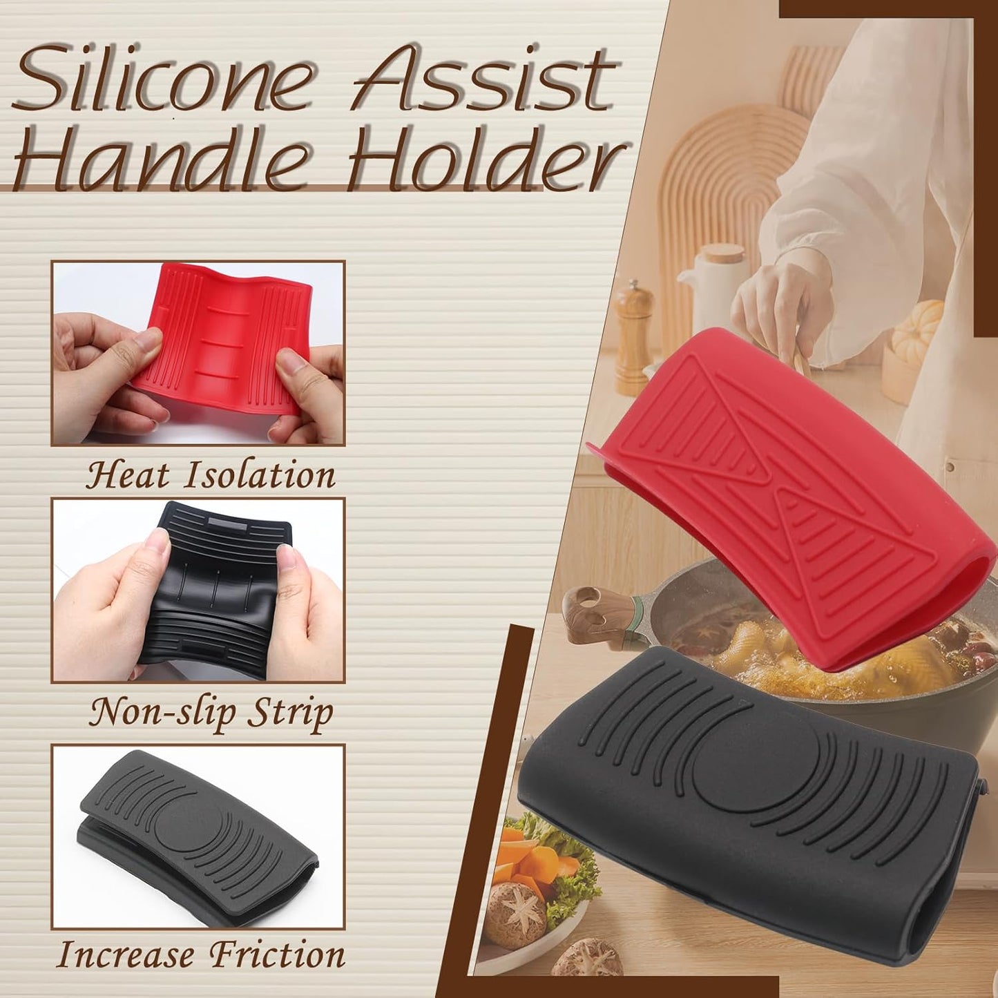 4 PCS Silicone Assist Handle Holder, Heat Resistant Pot Handle Covers, Non-Slip for Kitchen Pot Pan, Black + Red