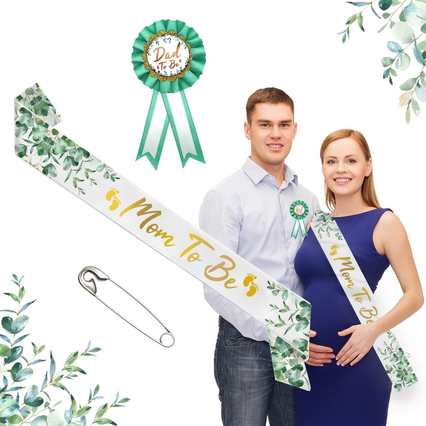 Neutral Sage Green Mom to Be Sash, Baby Shower Dad To Be Pin, Gold Glitter Letters Eucalyptus Leaves Satin Sash