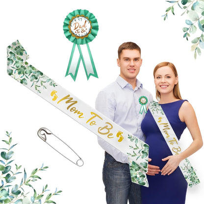 Neutral Sage Green Mom to Be Sash, Baby Shower Dad To Be Pin, Gold Glitter Letters Eucalyptus Leaves Satin Sash
