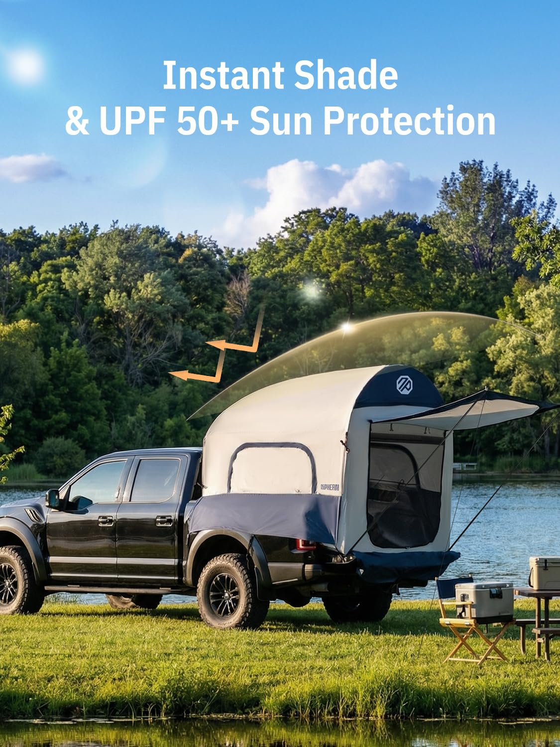 Niphean Truck Bed Tent 5.5ft with Awning Shade, 2 Mins Fast Setup Inflatable Pickup Truck Tent, for 2+1 People, PU 3000mm Waterproof, UPF 50+ Sunproof & High-Strength Windproof, Camp Anywhere You Park