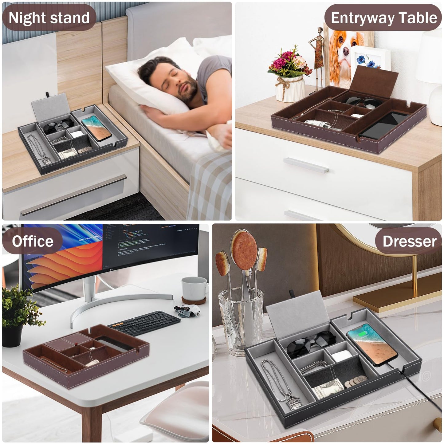 Baoyun Mens Nightstand Organizer, Leather Valet Tray for Men, EDC Catchall Tray with Phone Charging Station, Dresser Top Organizer, 6 Compartments Entryway Valet Box for Wallet, Keys, Phone