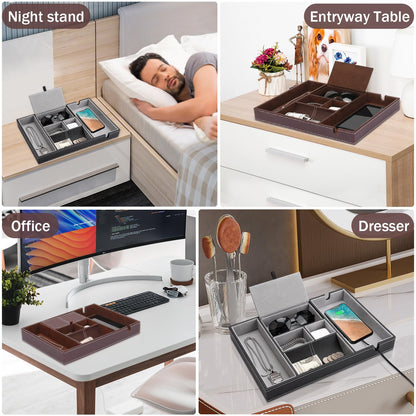 Baoyun Mens Nightstand Organizer, Leather Valet Tray for Men, EDC Catchall Tray with Phone Charging Station, Dresser Top Organizer, 6 Compartments Entryway Valet Box for Wallet, Keys, Phone