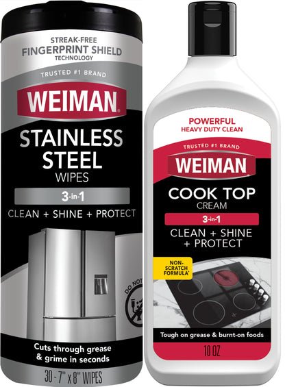 Weiman Heavy Duty Cooktop Polish & Stainless Steel Wipes - Powerful Appliance Kitchen Cleaning Kit - Packaging May Vary