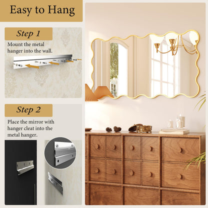 Kelly Miller 26x48 Inch Gold Scalloped Mirror, Large Rectangular Wavy Edge Bathroom Vanity Wall Mirror Decorative for Bedroom Living Room Entryway Fireplace Mantle
