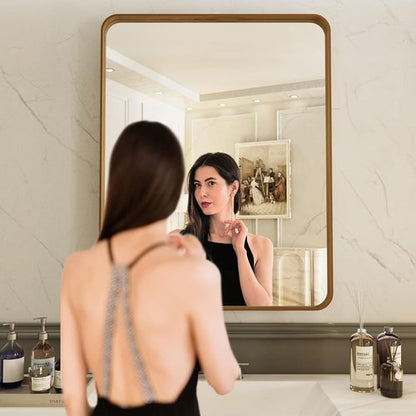LOAAO Bathroom Mirror - 24x32 Inch Rounded Rectangle Design with Anti-Rust Wood Grain Frame | Versatile Hanging Options