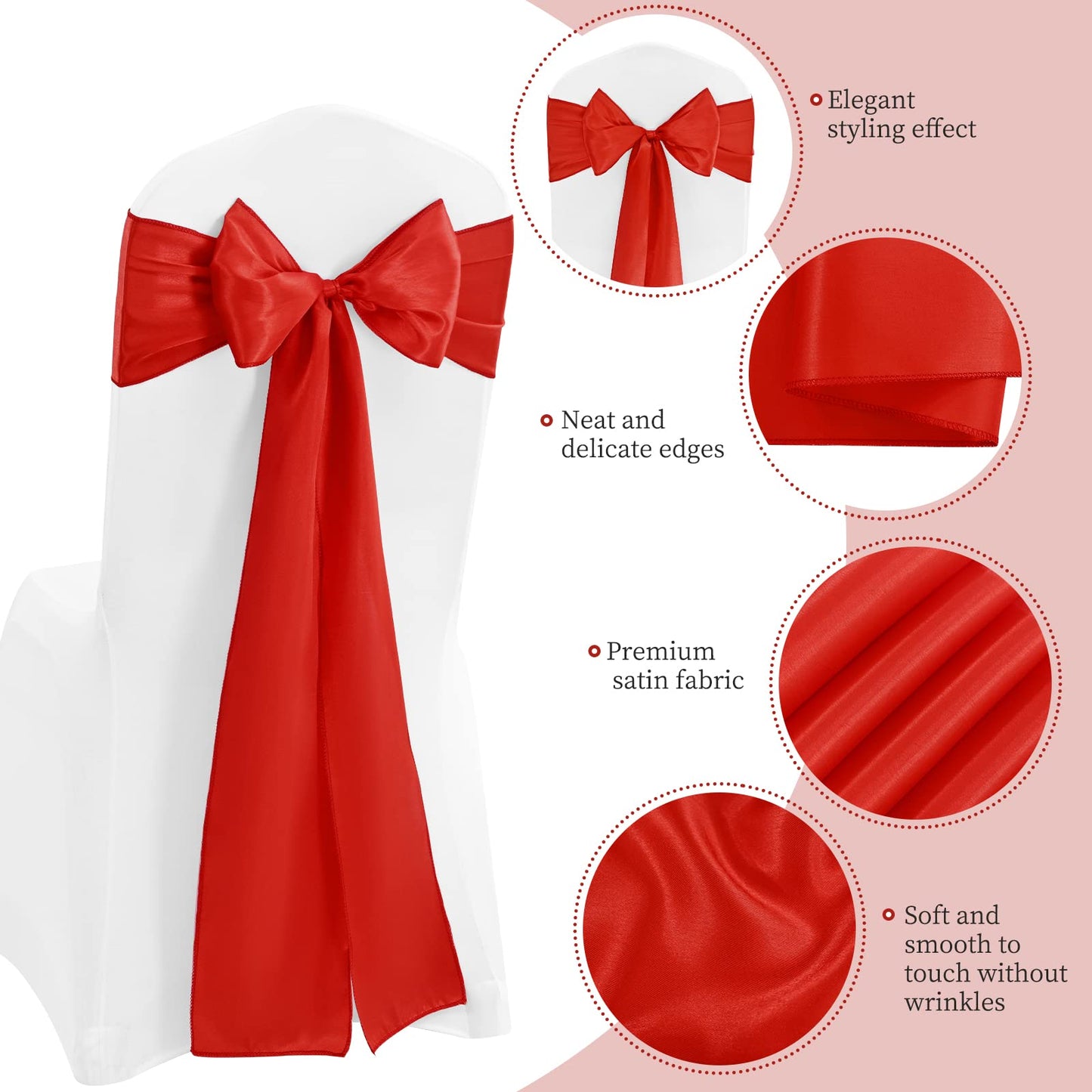 FXKS 100 PCS Satin Chair Sashes Red Bows Sashes for Chair Covers, Washable Reusable Chair Cover Back Tie Supplies for Wedding Reception Christmas Banquets Home Kitchen Decoration (7 x 108 inch)