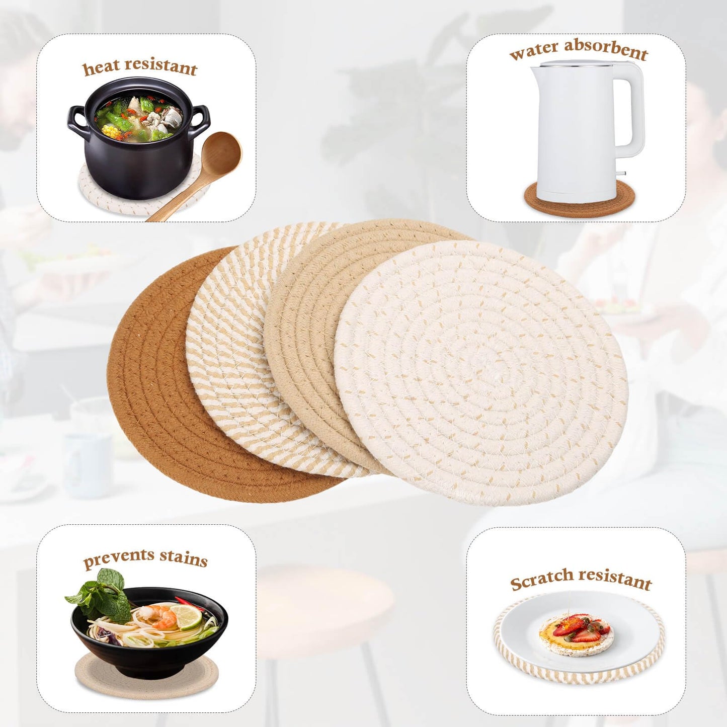 Billbotk 7" Trivets for Hot Dishes, Hot pots and Pans, 4 Heat Resistant Hot Pads, Pot Holders for Kitchen, Home Essentials for New Home and Farmhouse Decor, Fall Decorations for Home(Brown)