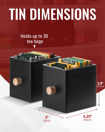 Tea Drawer Organizer for Tea Bags and Coffee Bar Supplies Black Wooden Tea Box with 4 Pull Out Drawers for Countertop Pantry Breakroom and Kitchen Tea Station