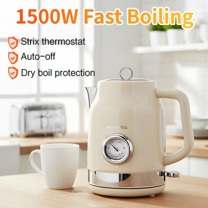 QUAXWELL Retro Electric Kettle, 1.7L 304 Stainless Steel Tea Kettle with Temperature Gauge, 1500W Fast Boiling Water Boiler,Auto Shut-Off & Boil-Dry Protection, BPA-Free, Beige