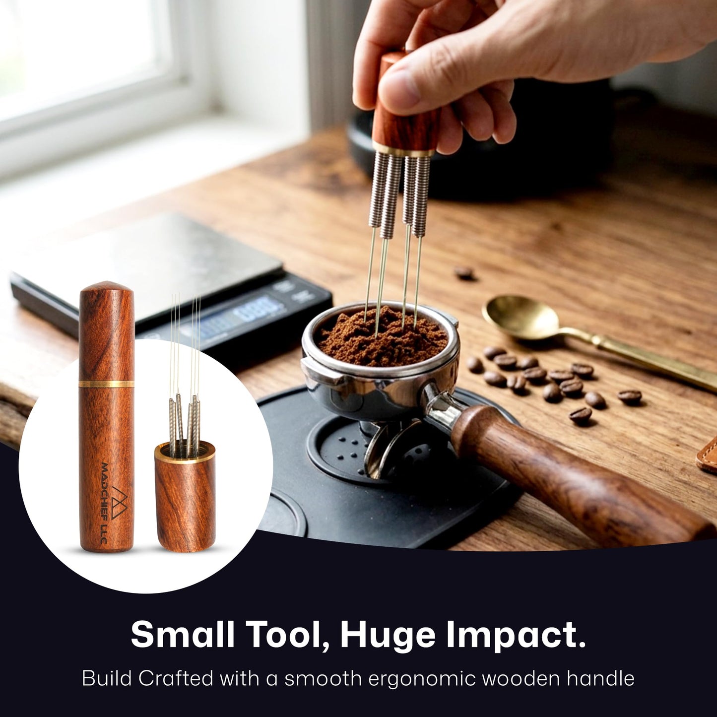 MADCHIEF WDT Tool Espresso – 6x 0.35mm Needles with Stand | Espresso Coffee Distribution & Stirring WDT Tool | Wooden Handle Coffee Distributor Barista Tools for Even Extraction & Better Crema