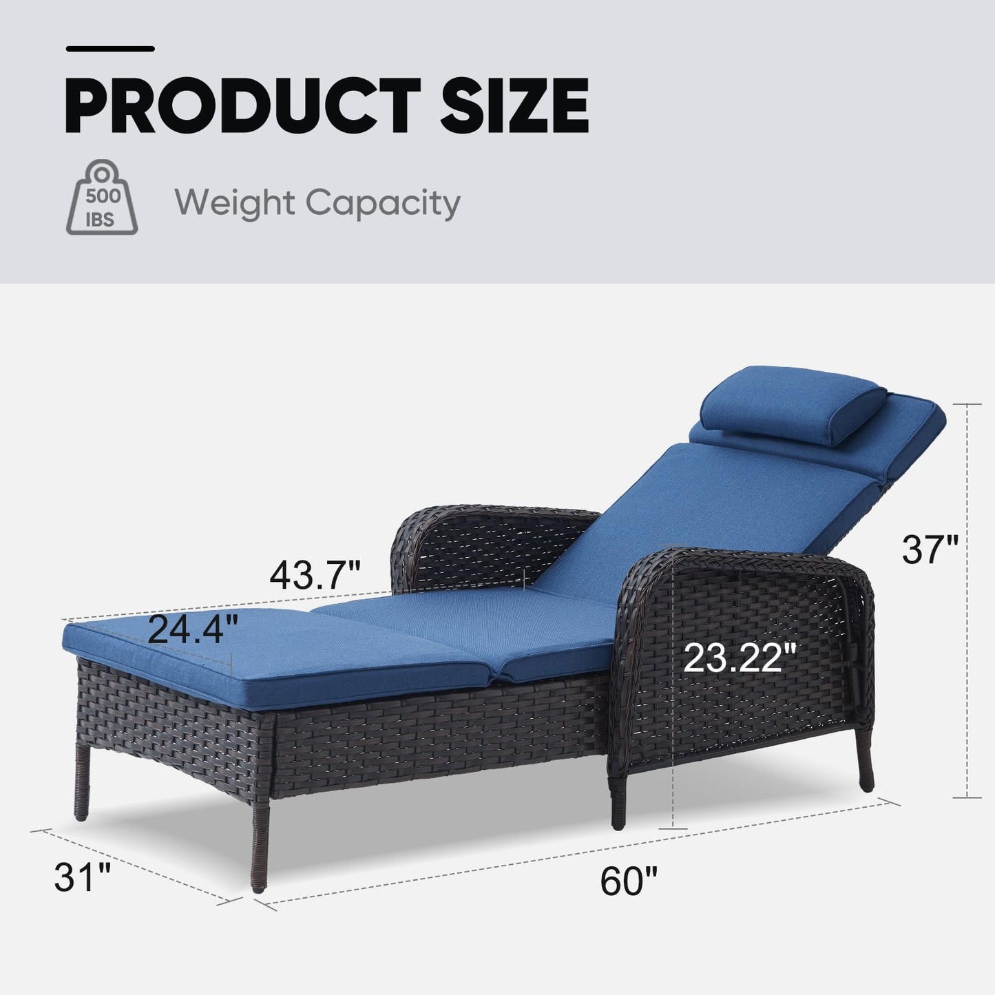 Belord Wicker Outdoor Chaise Lounge Patio Recliner - 75 Inch Adjustable Chaise Lounge with Soft Pillow Removable Cushions, All Weather Rattan Pool Lounge Chair for Poolside Deck Brown/Blue