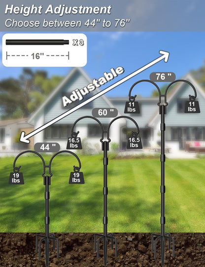 76 Inch 5 Hummingbird 2 Adjustable Double Shepherds Hooks for Outdoor with Sleeve, Heavy Duty Bird Feeder Pole Stand