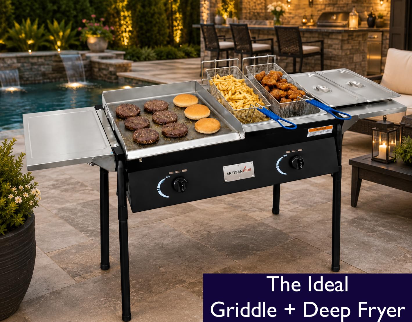 Stainless Steel Propane Deep Fryer and Griddle Grill-4 in 1-Deep Fryer-Steamers Food Warmers-Ideal for Burger Grill, Fries, and Chicken Wings Station-Taco Cart-With Hose & Regulator + Thermometer