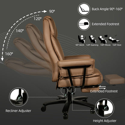 Sucrever Reclining Office Chair with Footrest, Big and Tall Home Office Desk Chairs 400lbs with High Back, Criss Cross Wide Seat, Heavy Duty Base, Pu Leather, Brown