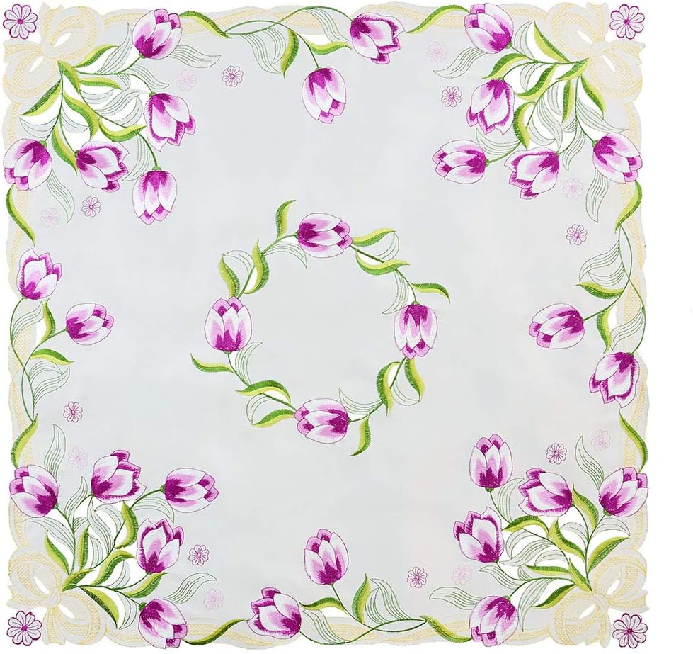 33 33 Inch) Simhomsen Embroidered Tulip Square Tablecloth, Spring Floral Toppers, Tablecovers for End Table, Tea Table