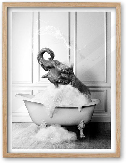 iHery Natural Oak Wood Framed Wall Art - Funny Elephant Bathing Canvas Print | 12x16 Inch Black & White Decor
