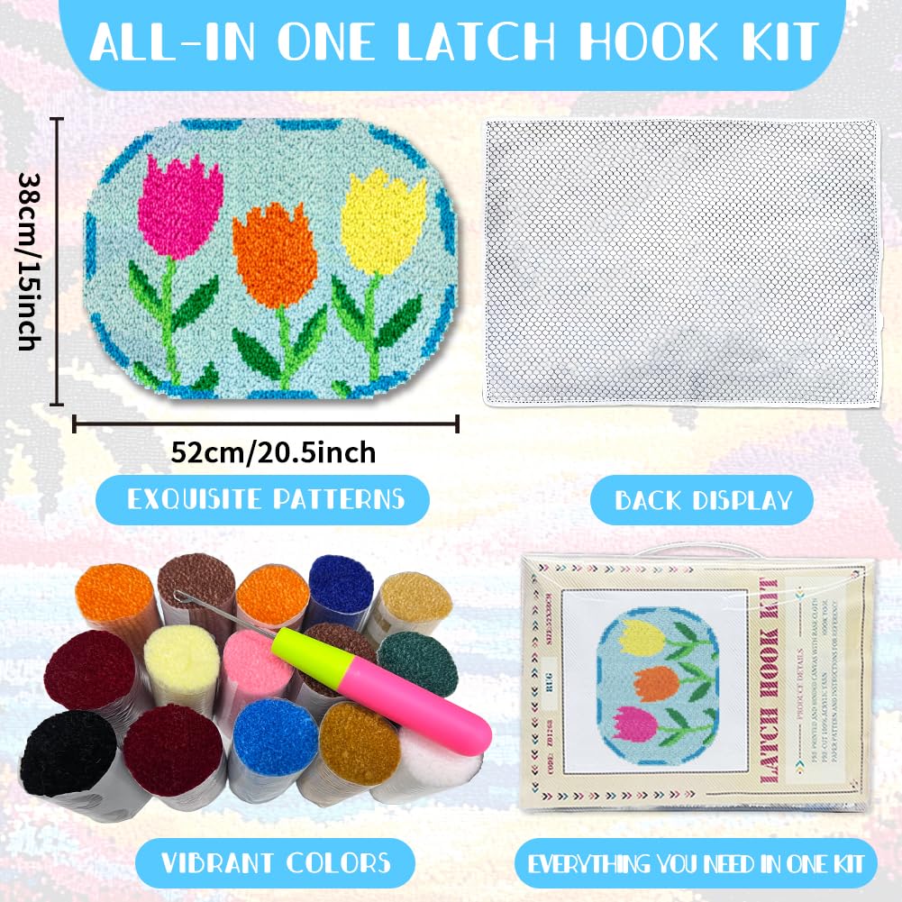 ORIGACH Tulip Latch Hook Rug Kit for Adults Printed Rug Making Kit Handmade Carpet Tapestry Cover with Hook Latch and Preprinted Canvas, Home Arts Crafts Sofa Decor, 20.5x15inch