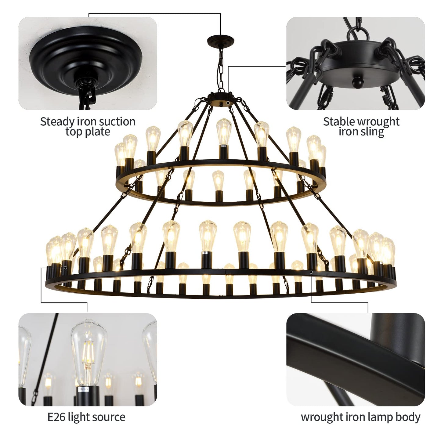 WOGON WEEL Wagon Wheel Chandelier 2 Tier 54-Light 60-inch, Farmhouse Industrial Chandelier Black Rustic Pendant Light Fixture Extra Large for High Ceilings, Living Room Foyer
