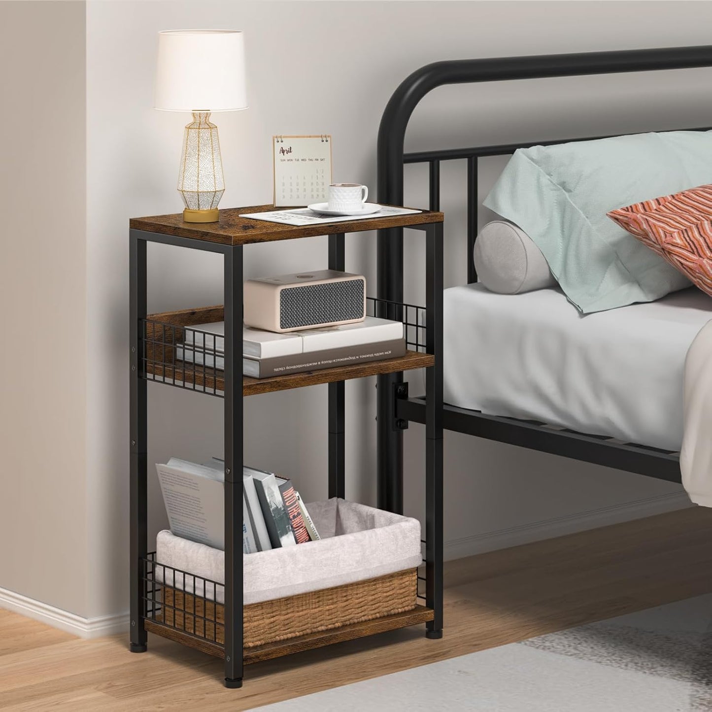Spaces,3 LELELINKY End Table with Storage, Brown Nightstand for Small Tier Record Player Stand with Vinyl Storage