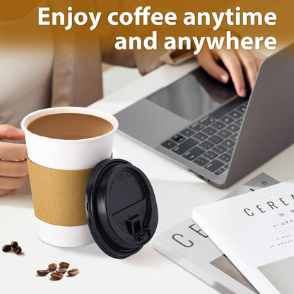 Clawsoff 100 Pack 12 oz Disposable Coffee Cups with Lids and Insulated Sleeves, Leak-free Paper and Sturdy Thick Paper Hot to Go Coffee Cups with Lids for Cold/Hot Beverage (White)