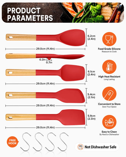 Silicone Spatula Spoon Set, Great for Mixing, Folding, Scraping, and Spreading, Sturdy BPA-Free Matte Silicone, Wooden Handle Rubber Spoonula for Nonstick Cookwares,4 Pack (RED)