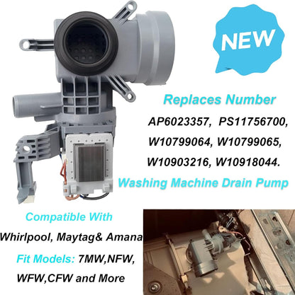 W10425238, WPW10605427 Washer Drain Pump Compatible with Whirlpool, Maytag, Amana Washing Machine, OEM Pump W10605427
